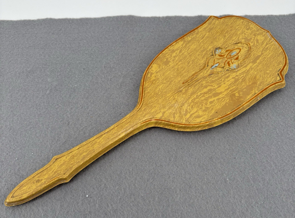 Vintage Art Deco Yellow Hand Held Vanity Mirror 1920’s - 1940’s Ribbons Bakelite